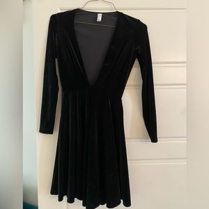 American apparel black velvet fit and flare deep-v skater dress.